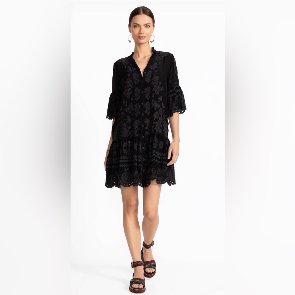 Johnny Was Black Floral Eyelet Mini Dress
